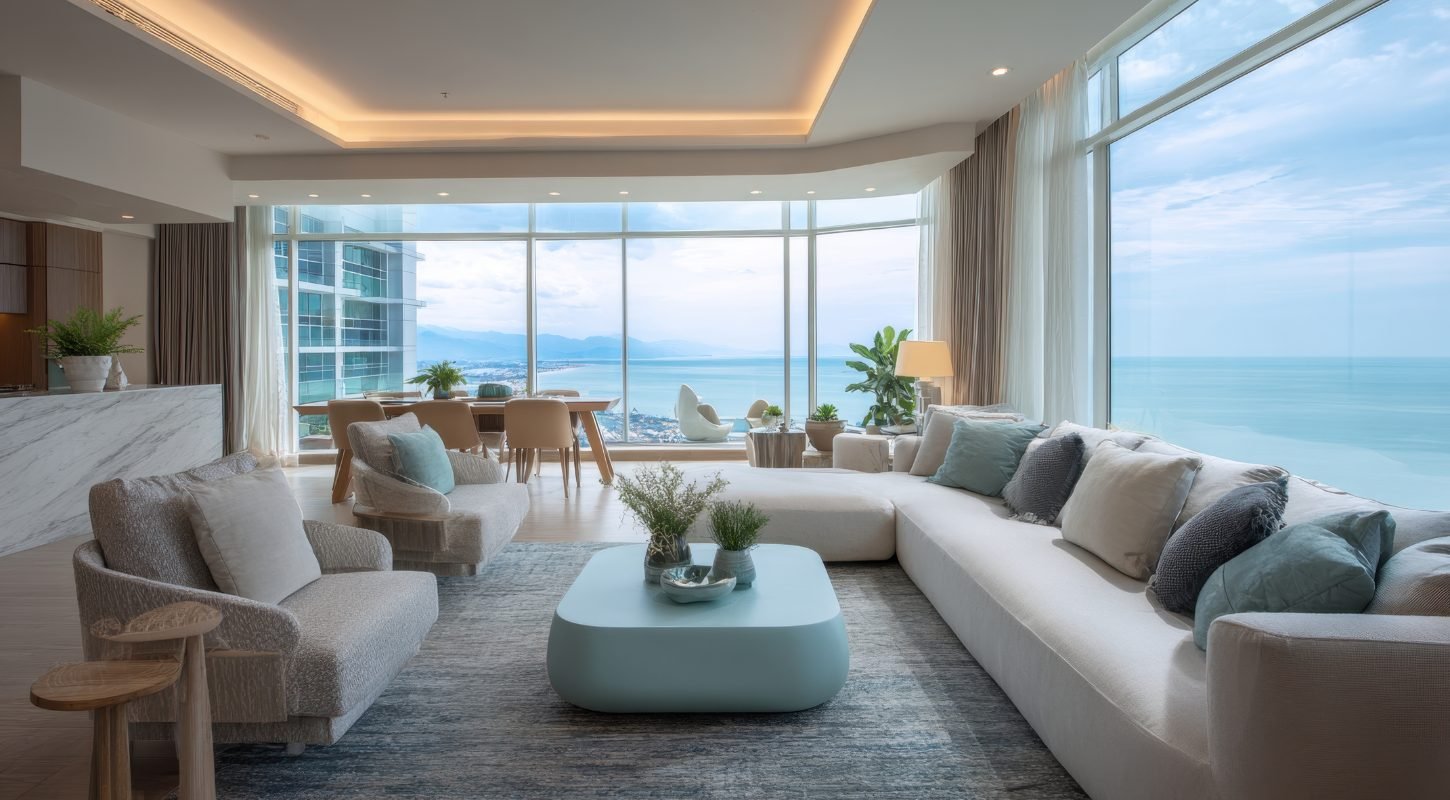 Bright, spotless coastal living room with an ocean view in South Florida
